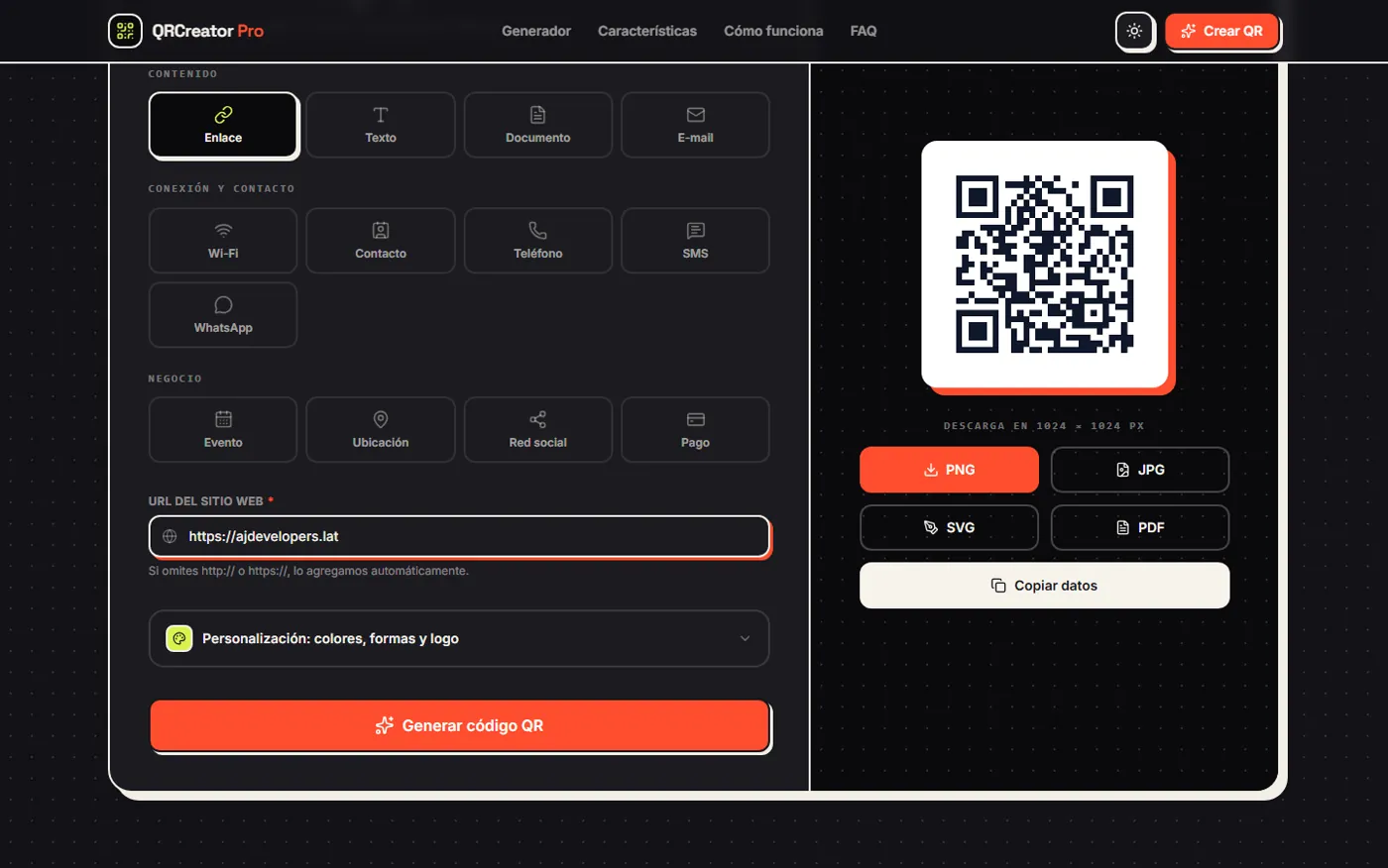 Captura de QRCreator Pro, generador de códigos QR
