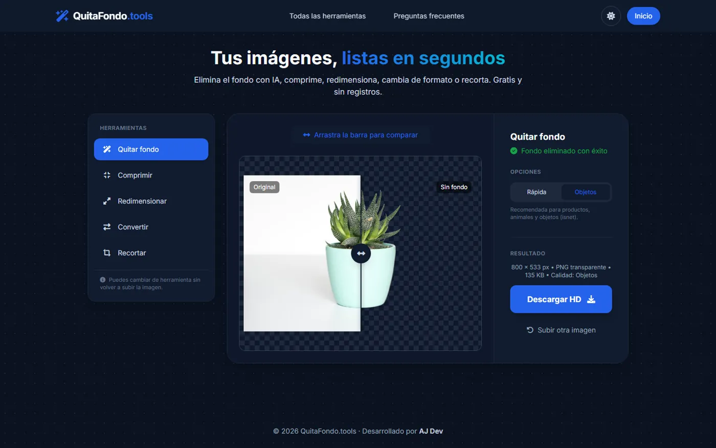 Captura de QuitaFondo.tools, editor de imágenes con IA